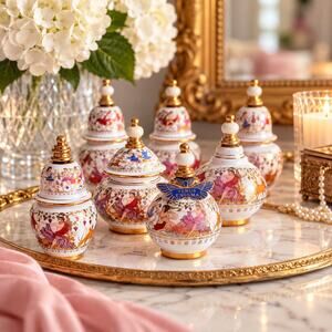 Greek Venus Enigma Porcelain Perfume Bottles Set of 7 Gold Trim